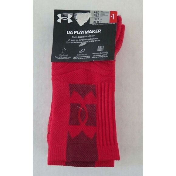 Under Armour 1356615 Men's Sz 4-8.5 Women's Sz 7-10.5 Red Mid Crew Mesh Socks - Picture 1 of 2